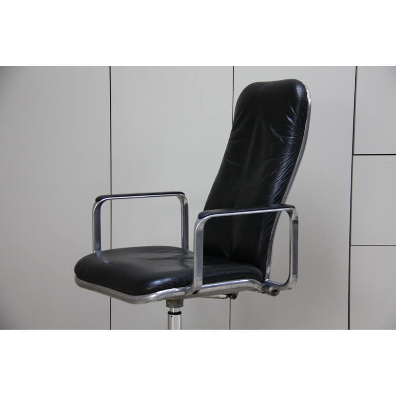 Vintage office armchair in black leather by Frederick Scotte for Hille, 1970s