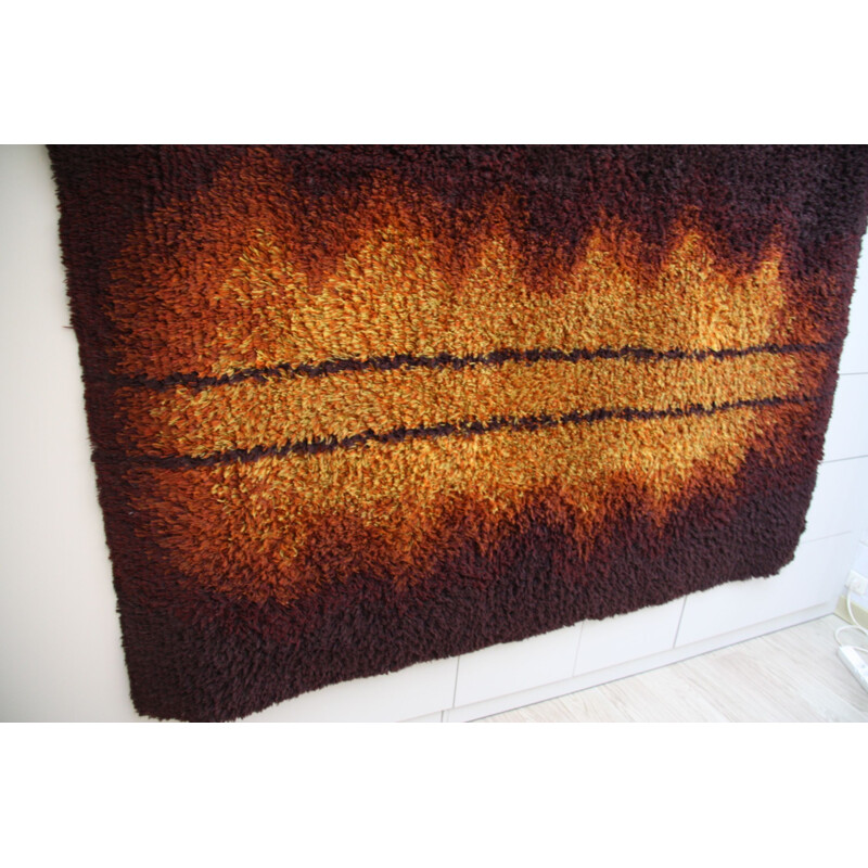 Handmade Rya carpet in brown and orange colors, Sweden, 1960s