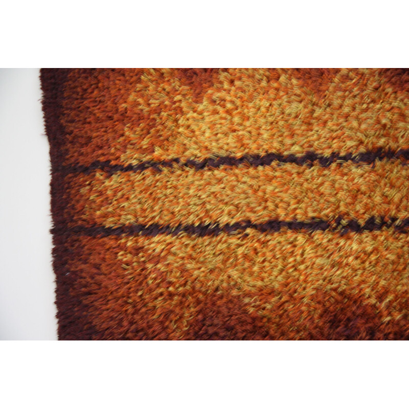 Handmade Rya carpet in brown and orange colors, Sweden, 1960s