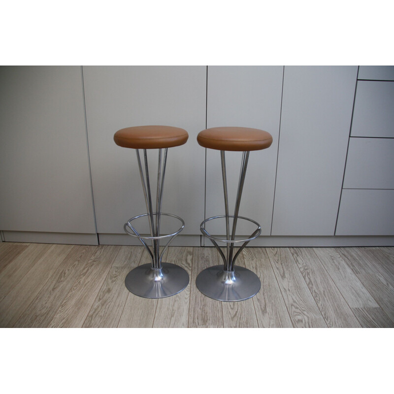 Vintage set of 2 barstool in cognac leather by Piet Hein for Fritz Hansen - Denmark - 1960’s