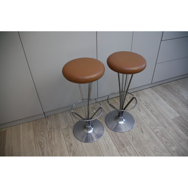 Vintage set of 2 barstool in cognac leather by Piet Hein for Fritz Hansen - Denmark - 1960’s