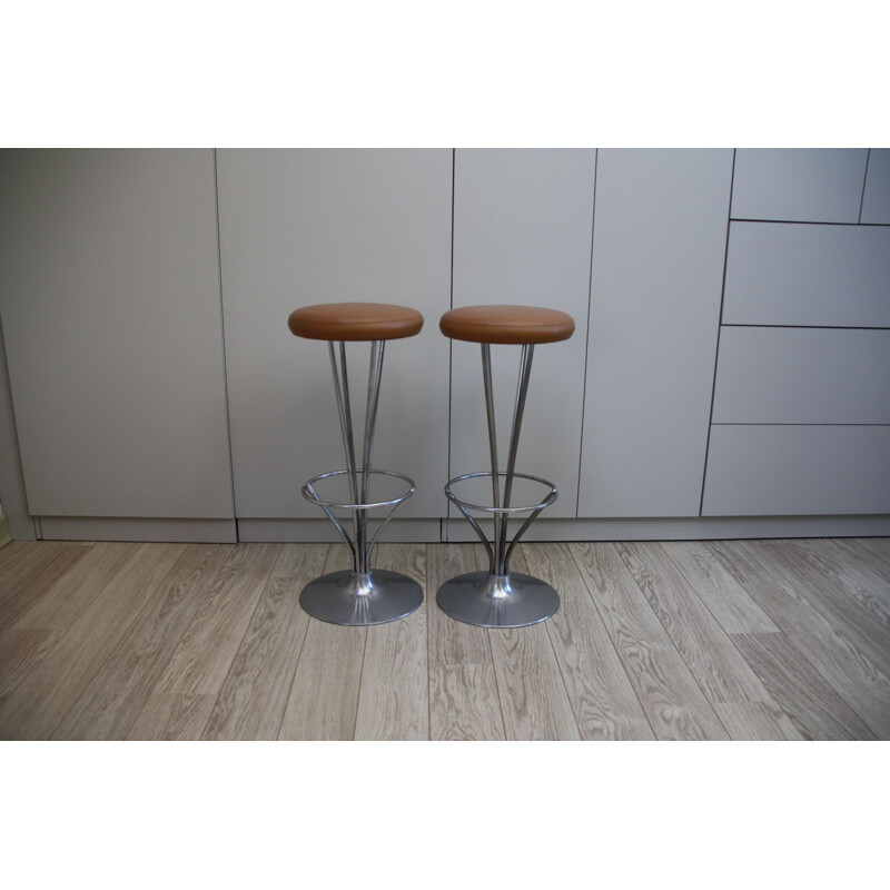 Vintage set of 2 barstool in cognac leather by Piet Hein for Fritz Hansen - Denmark - 1960’s