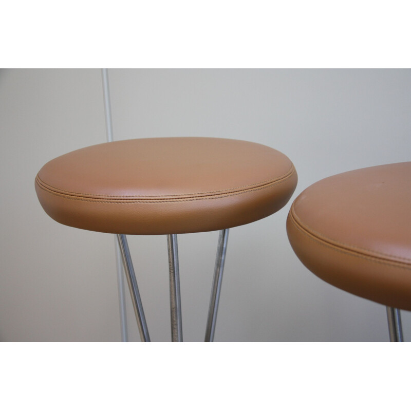 Vintage set of 2 barstool in cognac leather by Piet Hein for Fritz Hansen - Denmark - 1960’s