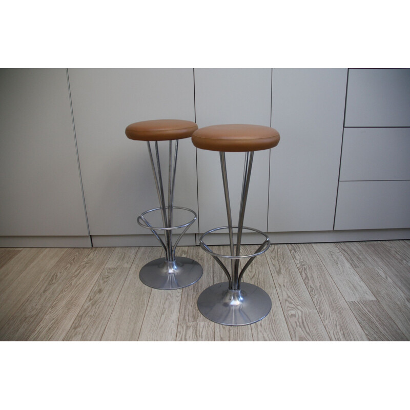 Vintage set of 2 barstool in cognac leather by Piet Hein for Fritz Hansen - Denmark - 1960’s