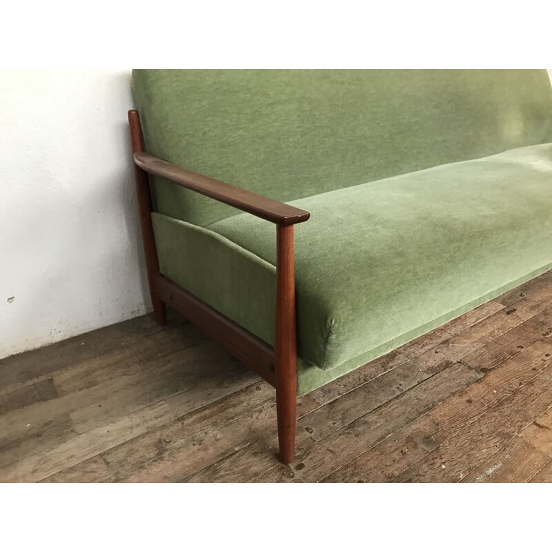 Vintage Scandinavian green vintage sofa in teak 1960