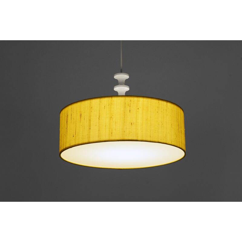 Vintage Pendant light with original silk shade by Uno and Östen Kristiansson for Luxus. Sweden 1970s