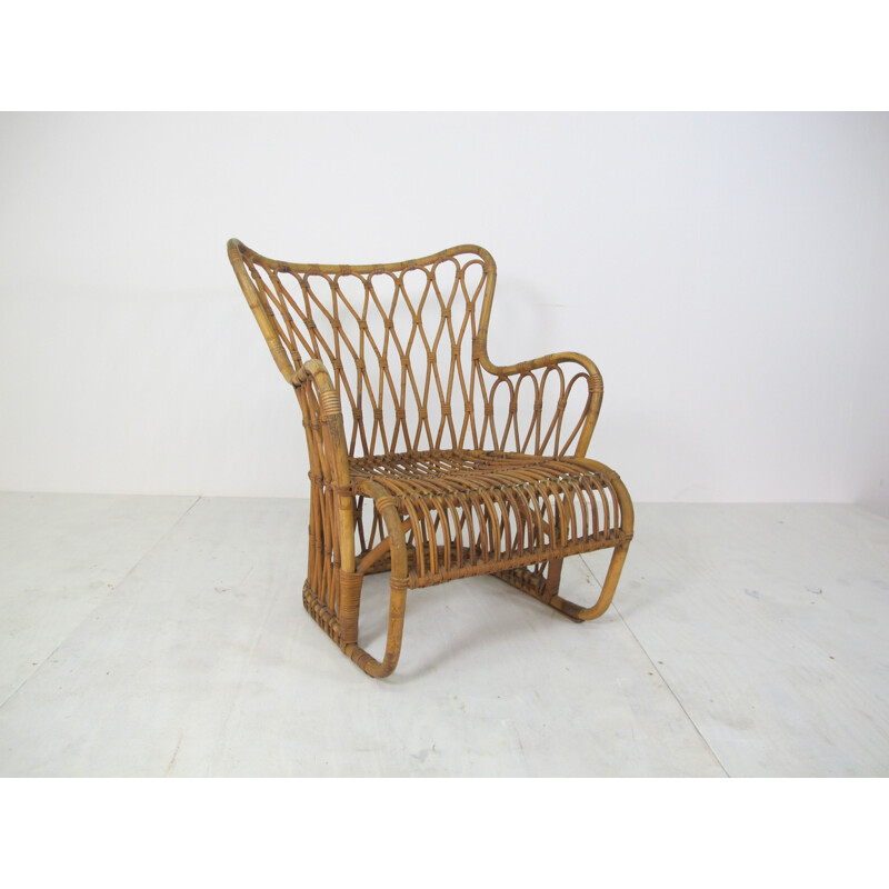 Vintage Scandinavian Bamboo & Wicker Lounge Chair by Tove and Edvard Kindt-Larsen