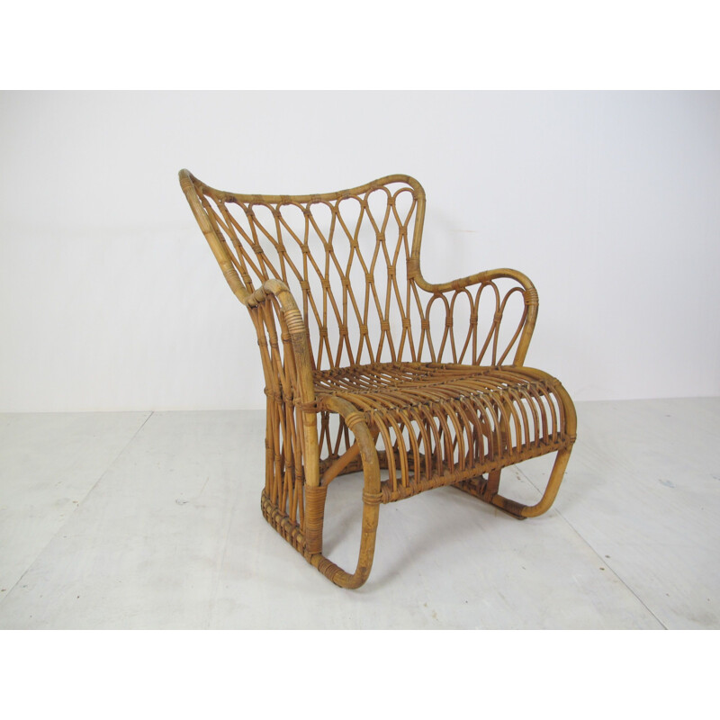 Vintage Scandinavian Bamboo & Wicker Lounge Chair by Tove and Edvard Kindt-Larsen
