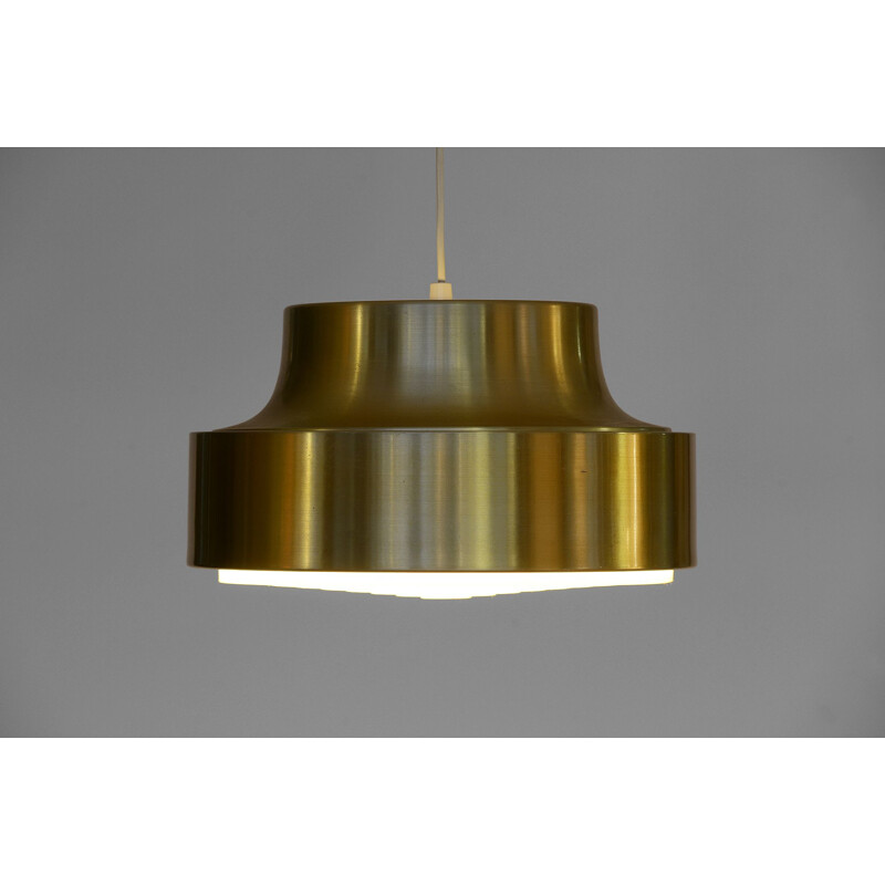 Vintage Pendant light in brushed golden aluminium and plastic anti glare grid. Sweden 1960s.