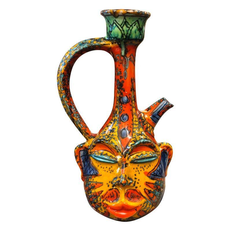 Vintage Terracotta Hand-Painted Sicilian Jug, by Maga S. Stefano Sicily 1970