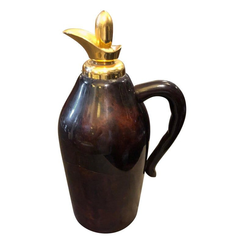 Vintage Brown Goatskin and Brass Thermos Carafe, 1960