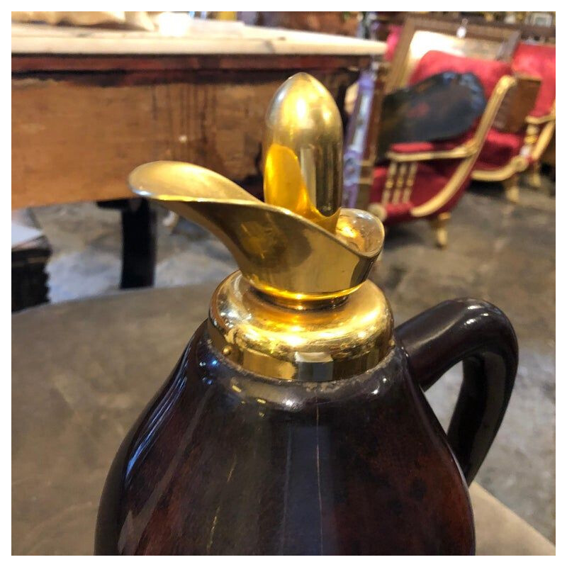 Vintage Brown Goatskin and Brass Thermos Carafe, 1960