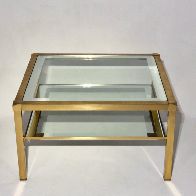 Table basse vintage à piètement doré et plateaux en verre