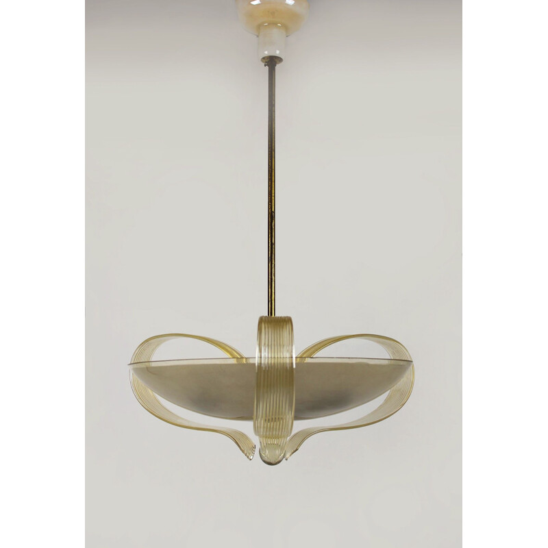 Vintage Art Deco brass & curved glass chandelier from ESC, 1940