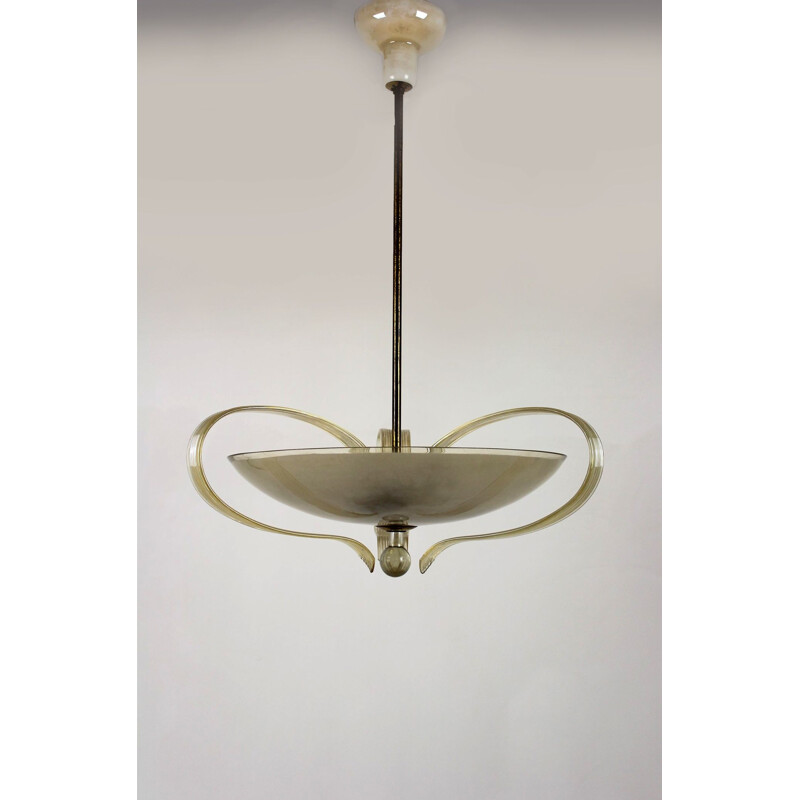 Vintage Art Deco brass & curved glass chandelier from ESC, 1940