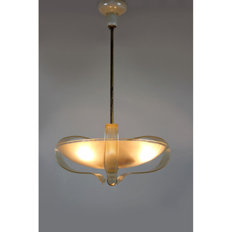 Vintage Art Deco brass & curved glass chandelier from ESC, 1940