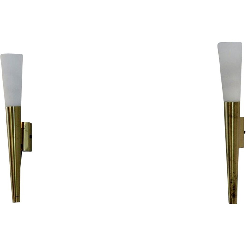 Pair of italian brass and opaline wall lamps, Italy, 1970s