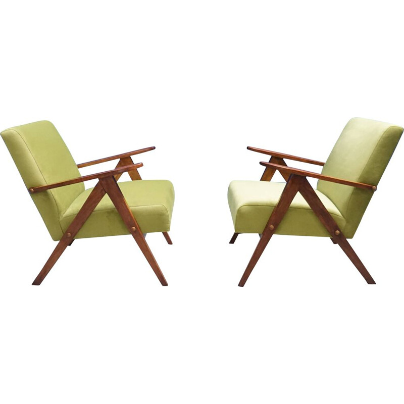 Set of 2 green velvet vintage armchairs, 1960s