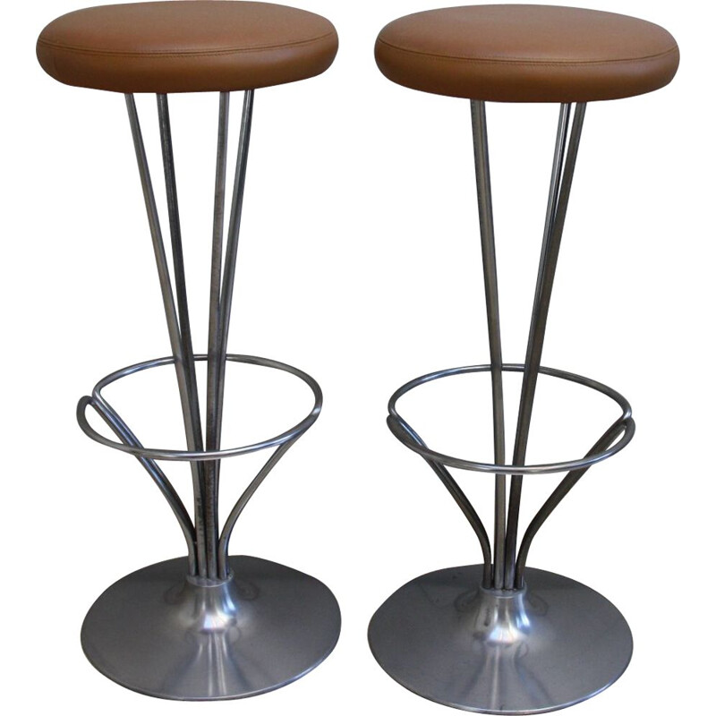 Vintage set of 2 barstool in cognac leather by Piet Hein for Fritz Hansen - Denmark - 1960’s