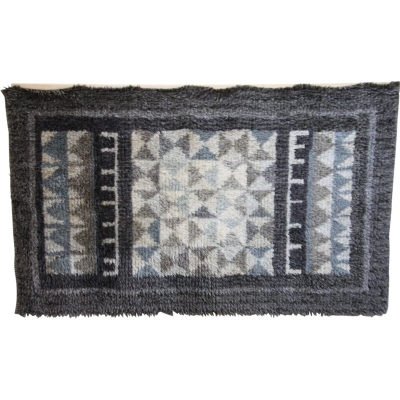 VINTAGE Handmade rya carpet in grey & cream white tones. Sweden 1960s