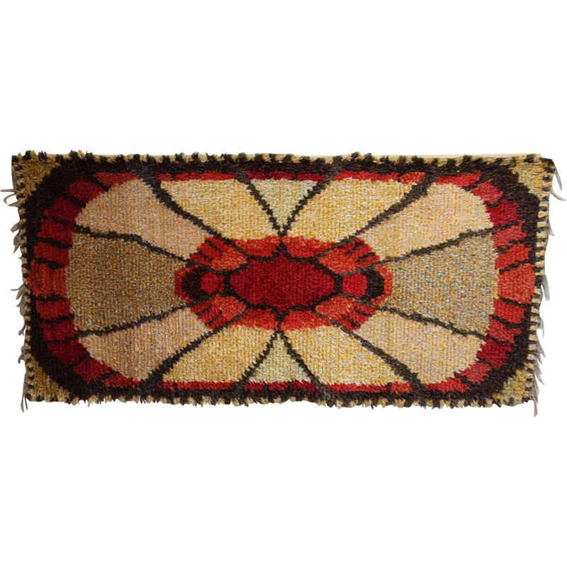 Vintage Rya rug in yellow and red wool, Sweden 1960