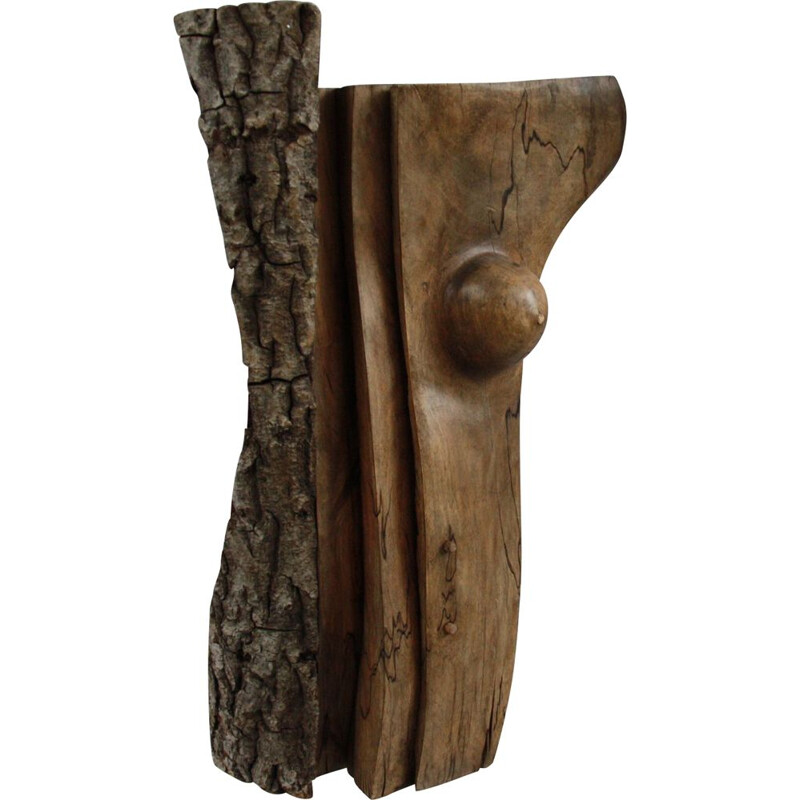 Vintage Sculpture in walnut with bark "Amazon" by Claudio Di Placido  France 1990s