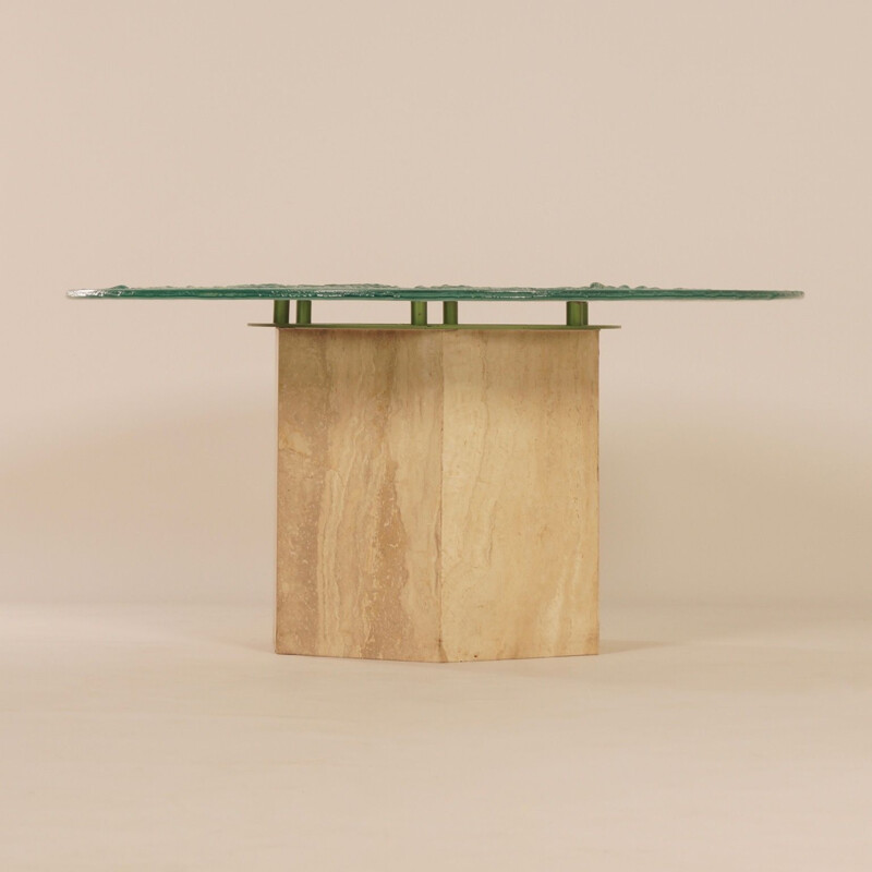 Vintage travertine and glass coffee table, Italy, 1970s