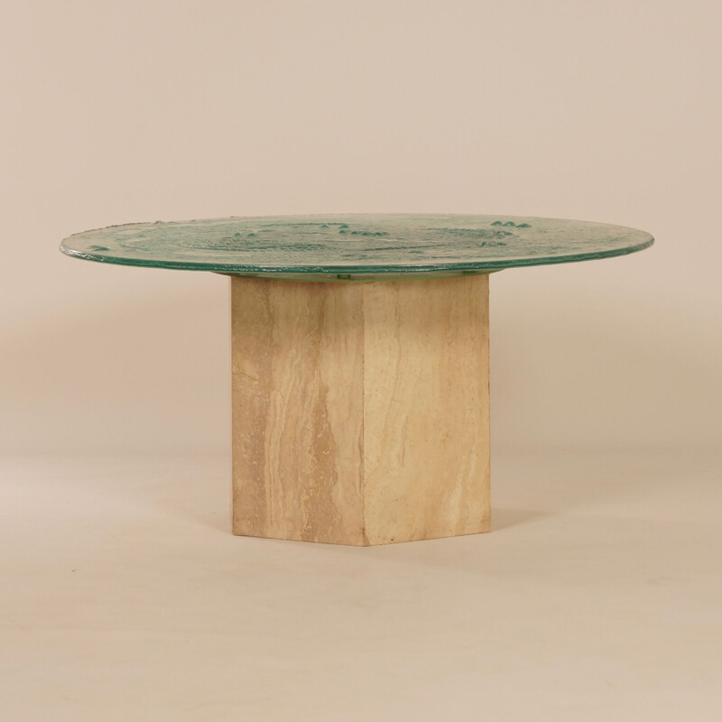 Vintage travertine and glass coffee table, Italy, 1970s