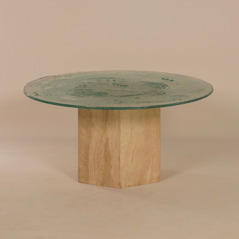 Vintage travertine and glass coffee table, Italy, 1970s