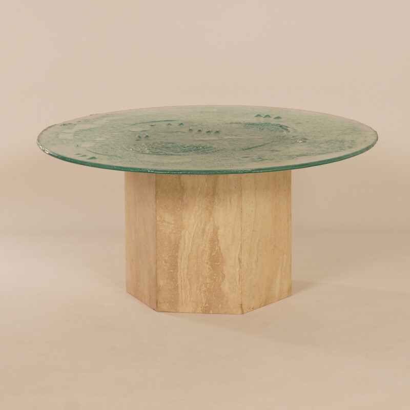 Vintage travertine and glass coffee table, Italy, 1970s