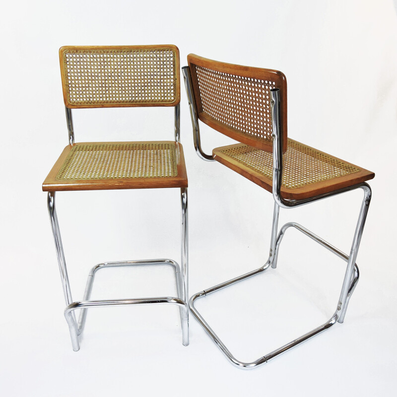 Set of 2 vintage cane and beech bar stools, 1970s