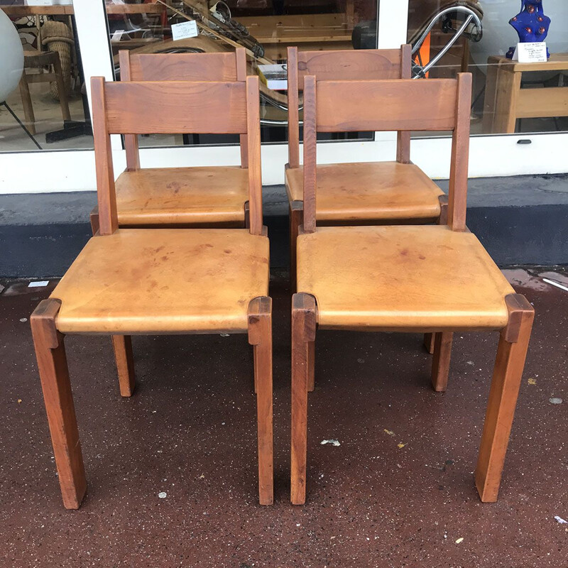 Set of 4 vintage S24 chairs in elm and leather by Pierre Chapo, 1974