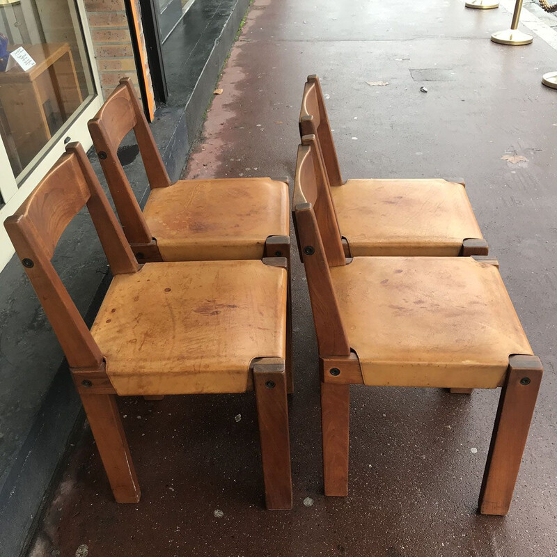 Ensemble de 4 chaises vintage S24 en orme et cuir par Pierre Chapo, 1974