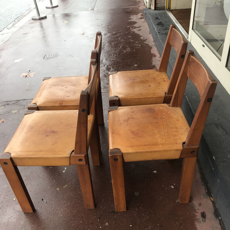 Set of 4 vintage S24 chairs in elm and leather by Pierre Chapo, 1974