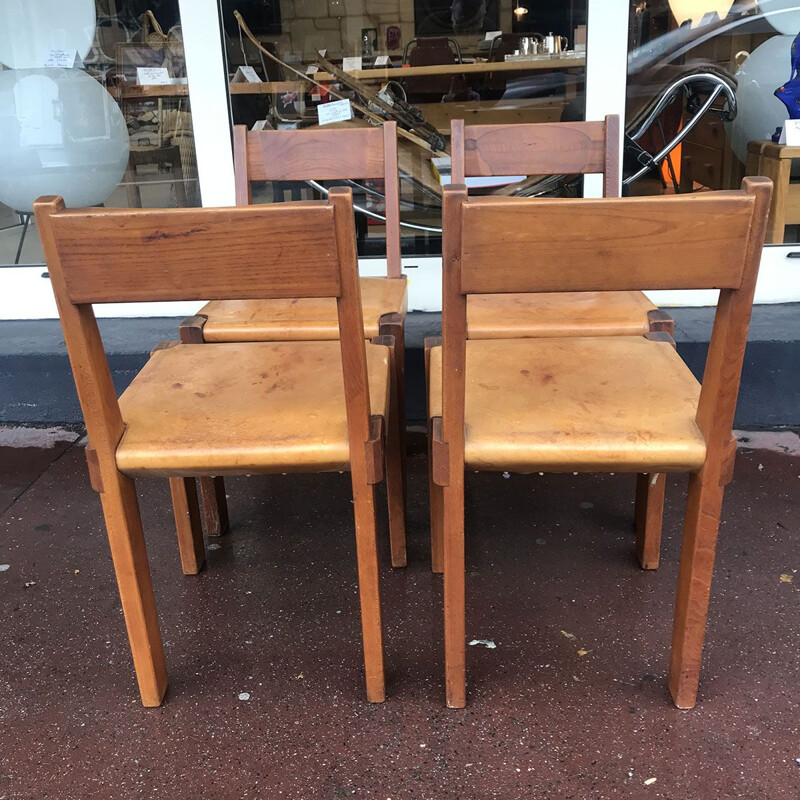Set of 4 vintage S24 chairs in elm and leather by Pierre Chapo, 1974