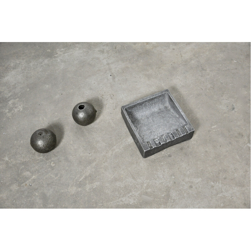 Vintage cast aluminum ashtray, paperweight and candleholder set by Willy Ceysens for Aris, 1950