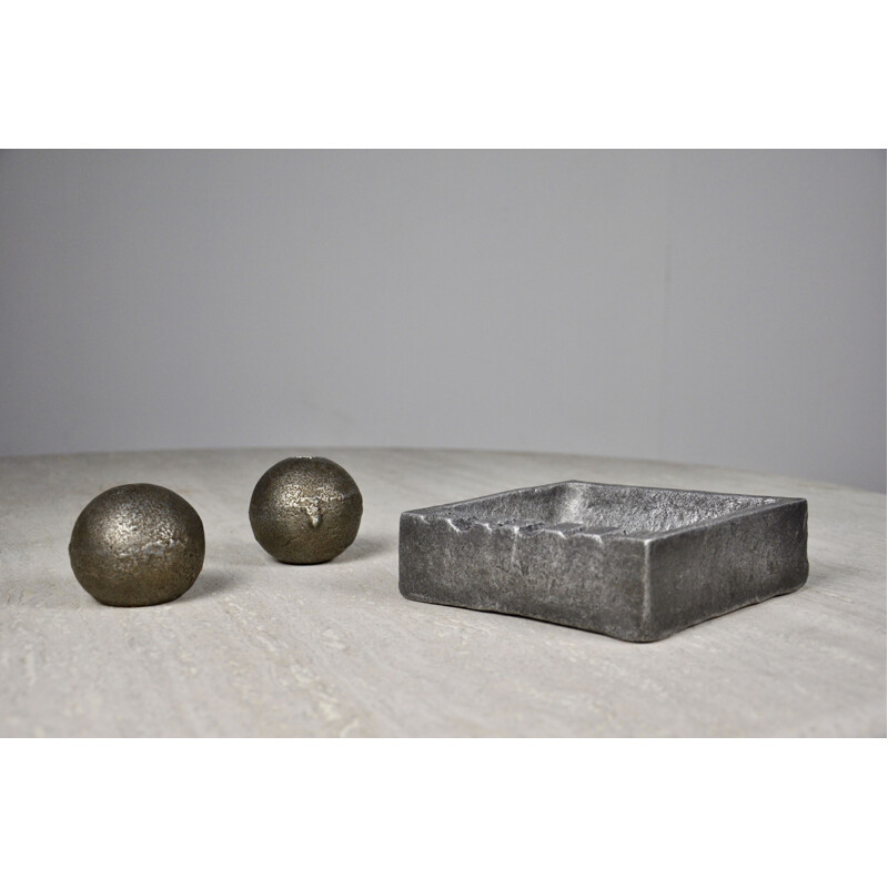 Vintage cast aluminum ashtray, paperweight and candleholder set by Willy Ceysens for Aris, 1950