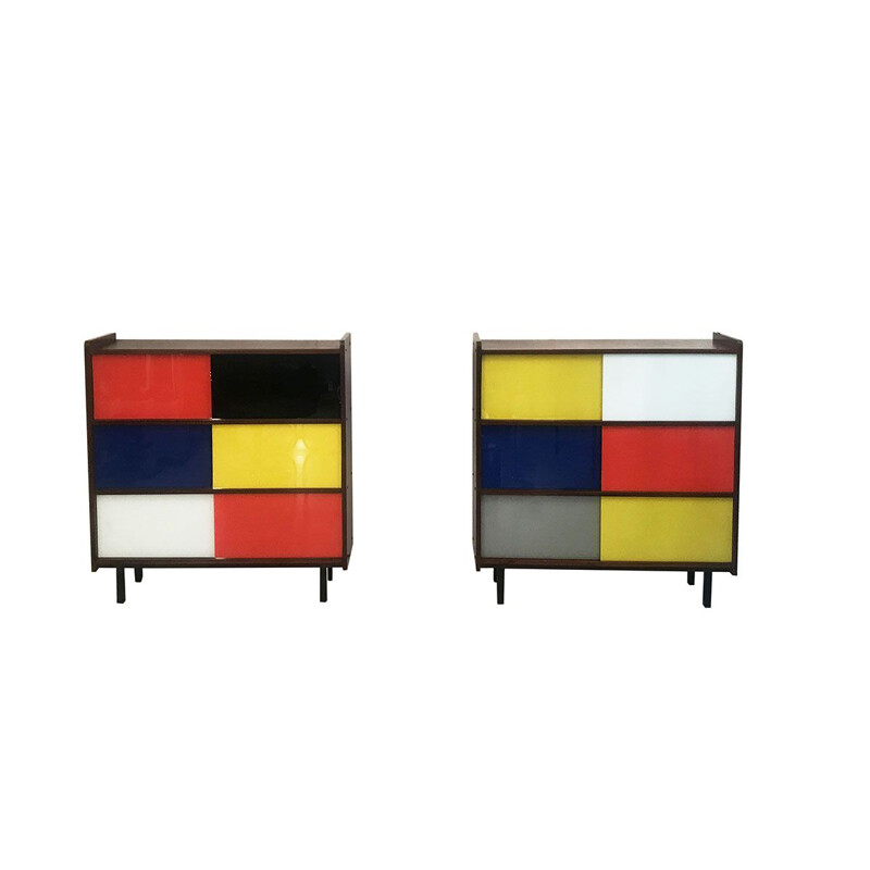 Ensemble de 2 commodes vintage multicolores, 1950