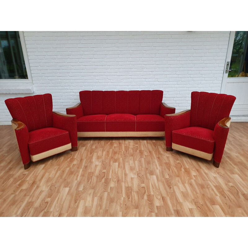 Vintage lounge set in oak wood and red fabric, 1930s
