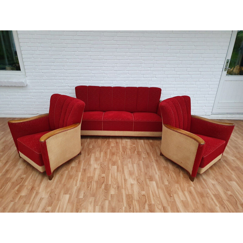 Vintage lounge set in oak wood and red fabric, 1930s