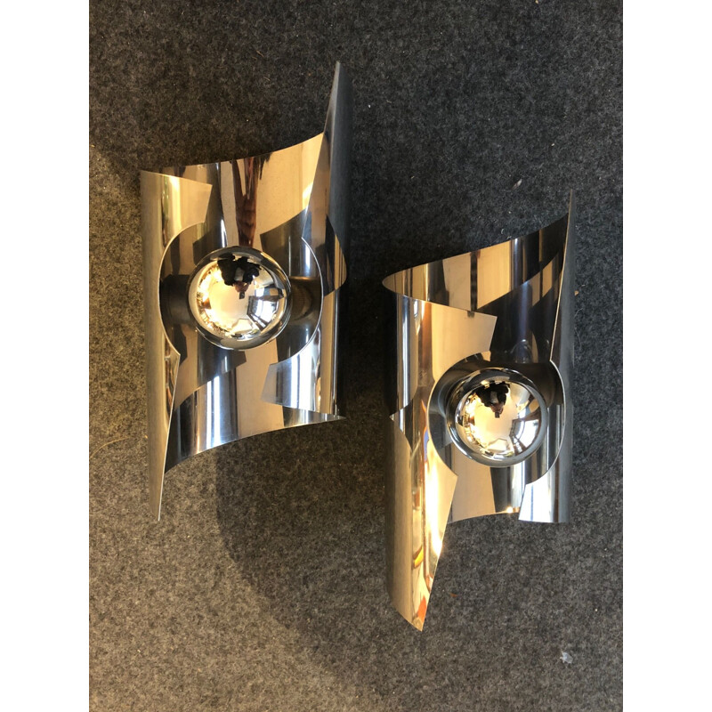 Set of 2 vintage chrome wall lights, 1970s