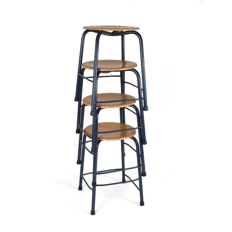 Set of 4 vintage blue metal frame stools, 1950s