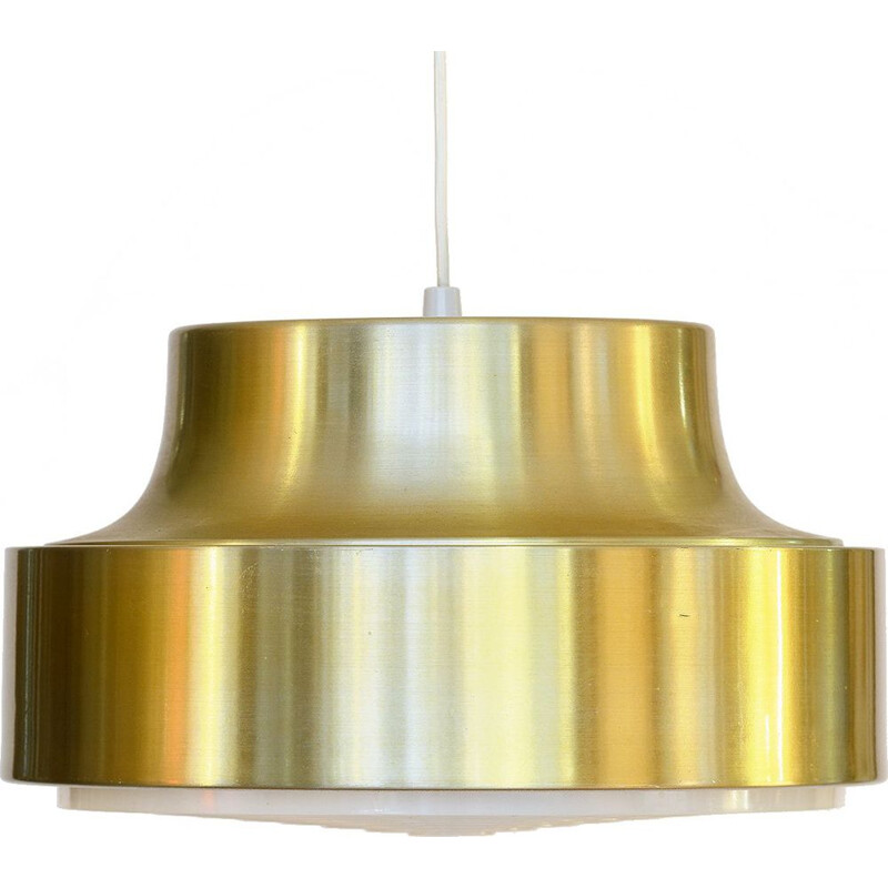 Vintage Pendant light in brushed golden aluminium and plastic anti glare grid. Sweden 1960s.