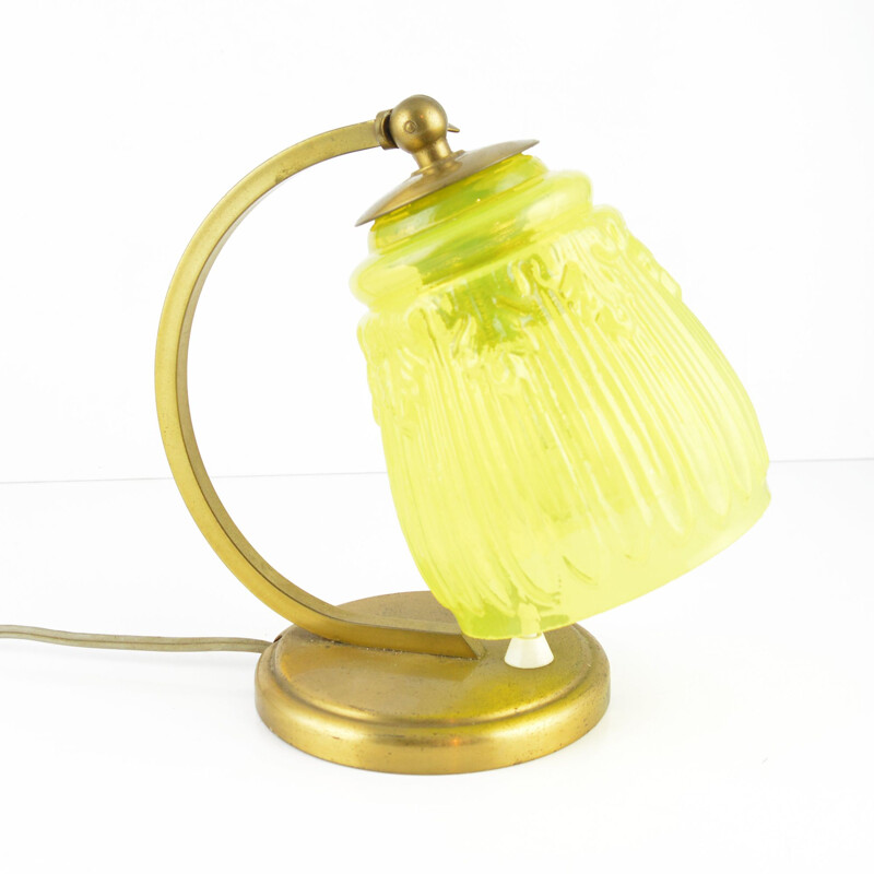 Vintage bedside lamp in uranium glass and brass, Poland 1930