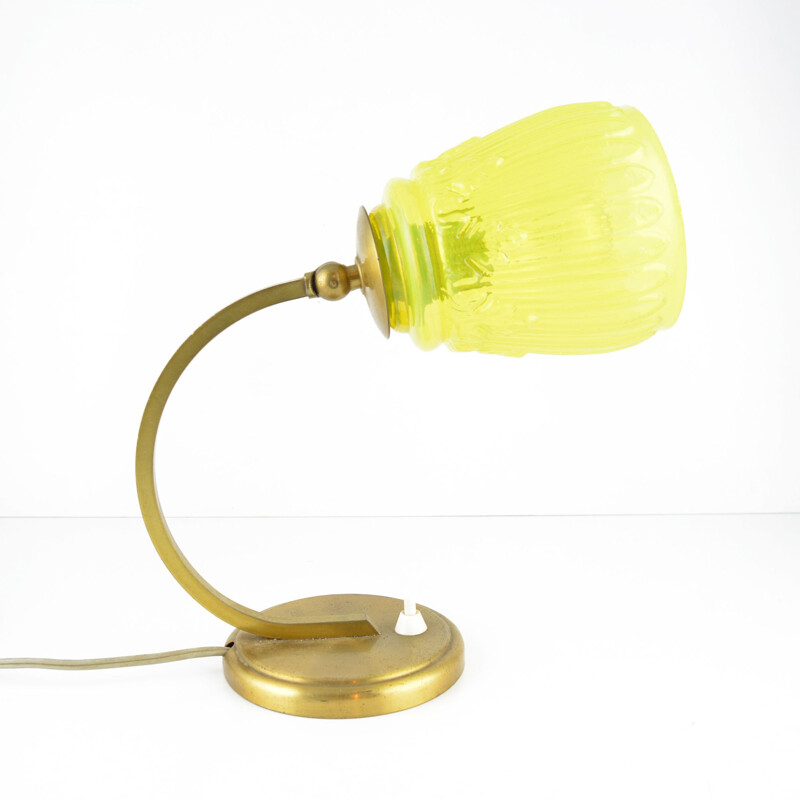 Vintage bedside lamp in uranium glass and brass, Poland 1930