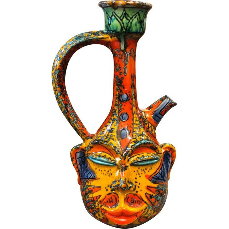 Vintage Terracotta Hand-Painted Sicilian Jug, by Maga S. Stefano Sicily 1970