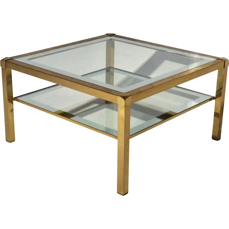 Table basse vintage à piètement doré et plateaux en verre