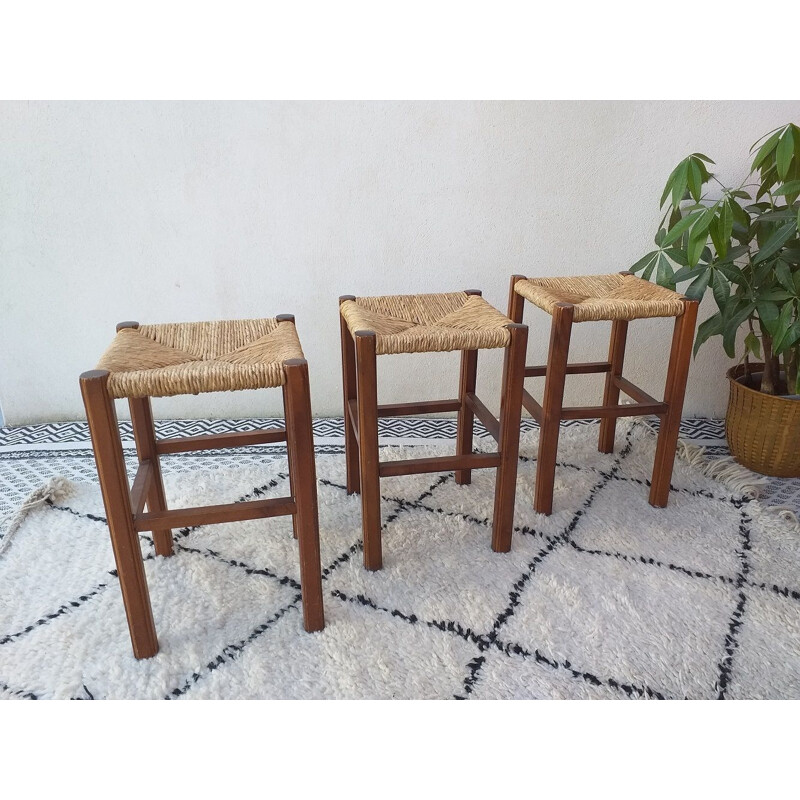 Set of 3 vintage handcrafted vintage stools 1970