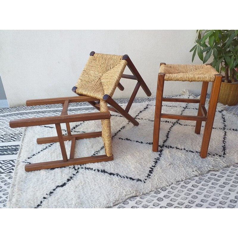 Set of 3 vintage handcrafted vintage stools 1970