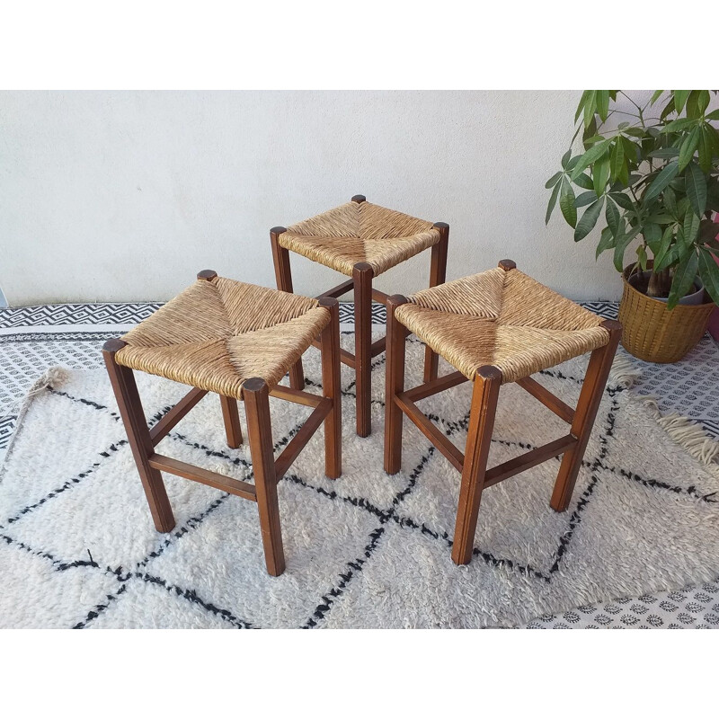 Set of 3 vintage handcrafted vintage stools 1970